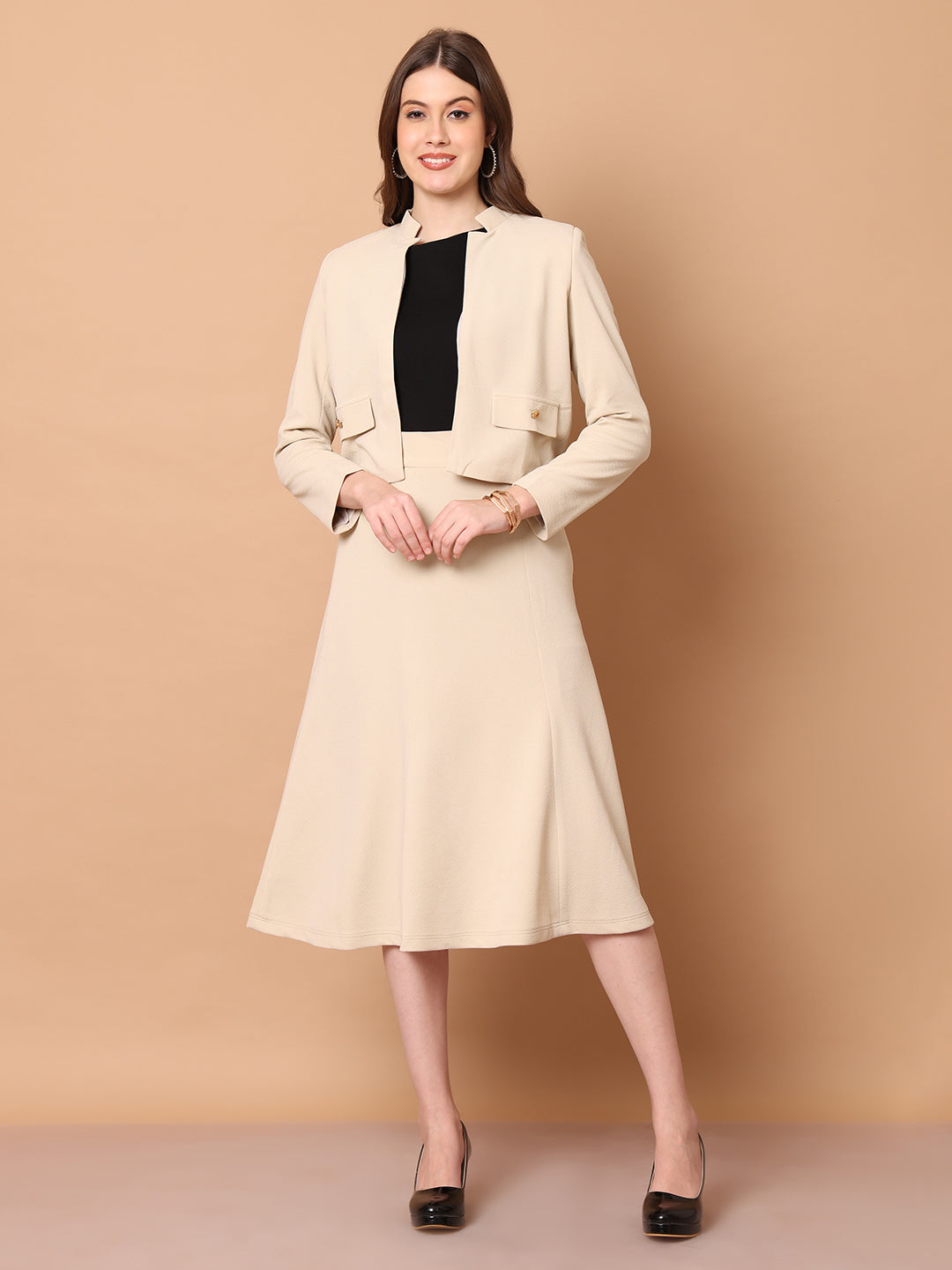 Exude Triumph Mandarin Collar Crop Blazer Beige Blazers