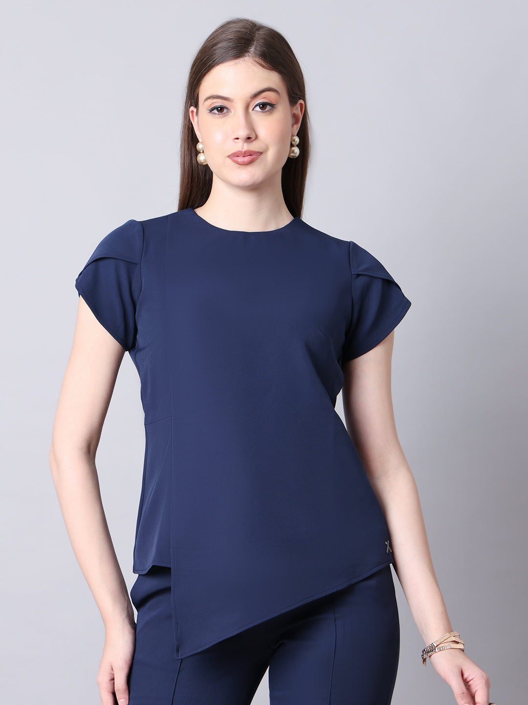 Exude Elysian Essence Asymmetrical Top with Cap Sleeves Navy Tops