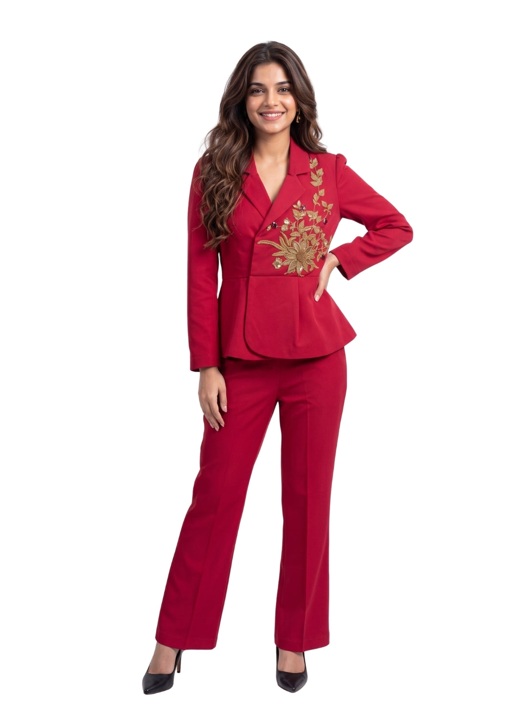Exude Scarlet Bloom Embroidered Blazer Set