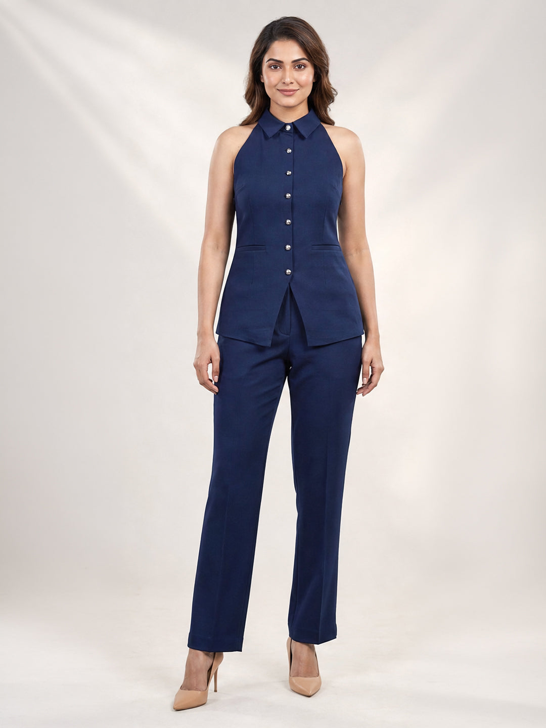 Navy Blue Halter Collar Top & Straight Leg Trouser Co-ord Set