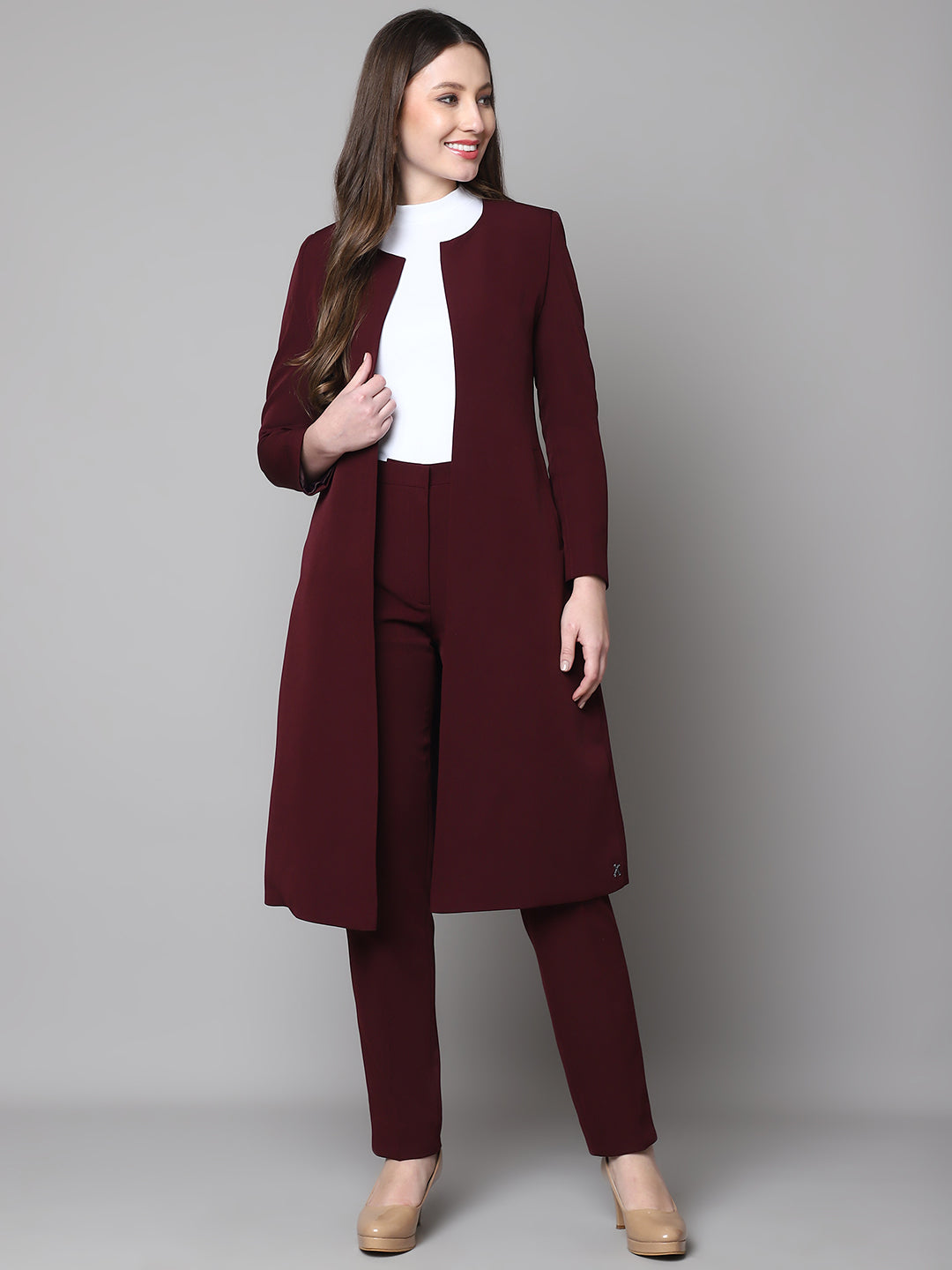 Exude Crowned Confidence Long Blazer Wine Blazers