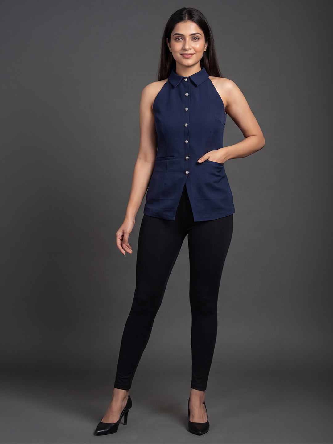 Navy Blue Halter Neck Button-Down Top