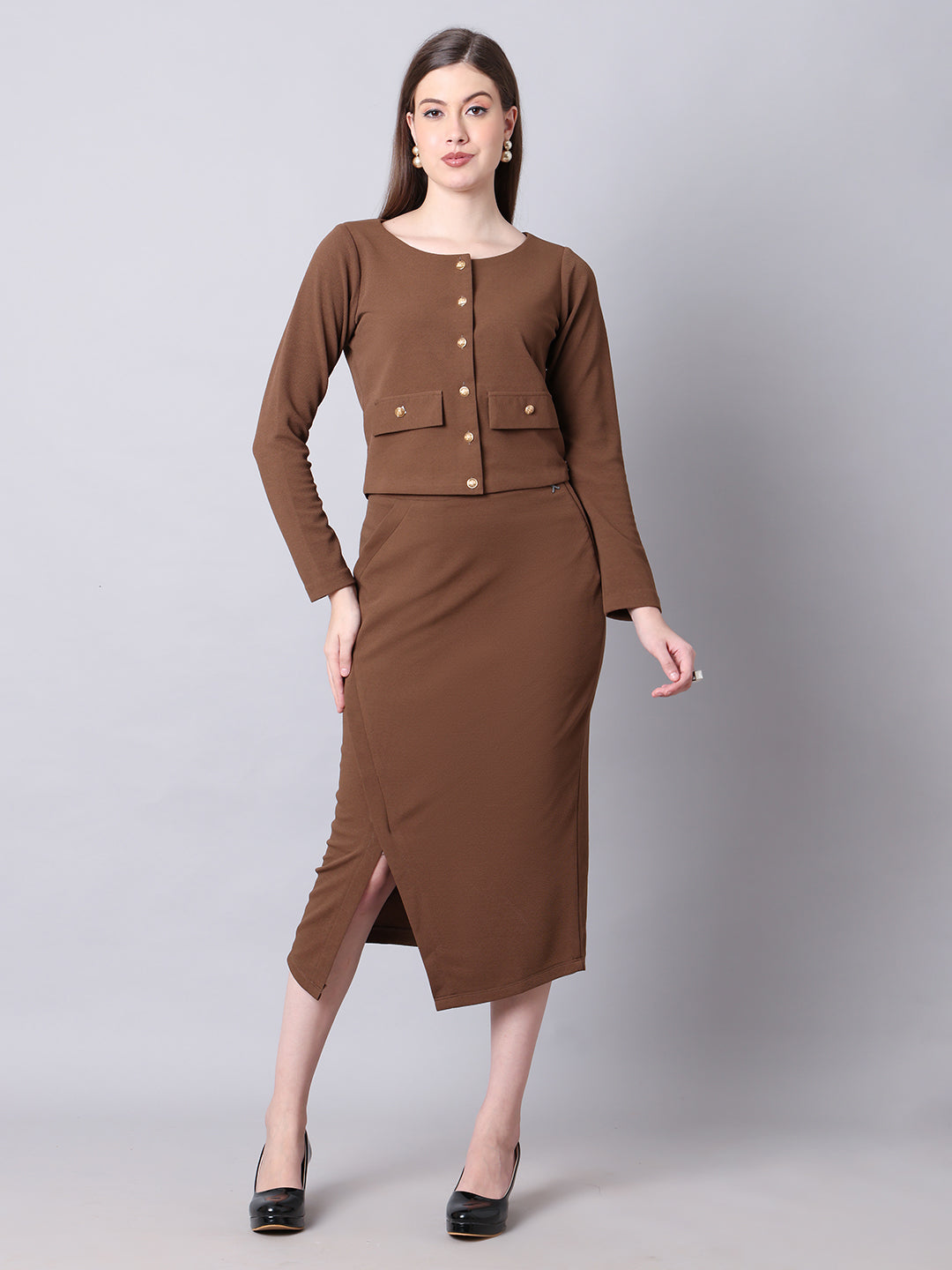 Exude Invincible Crop Blazer Top with Front Slit Midi Skirt Coffee
