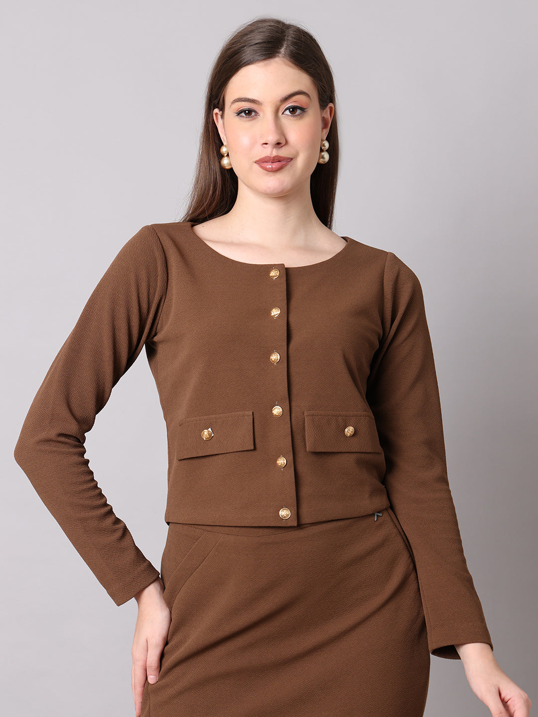 Exude Enchanting Button-down Crop Blazer Coffee Blazers