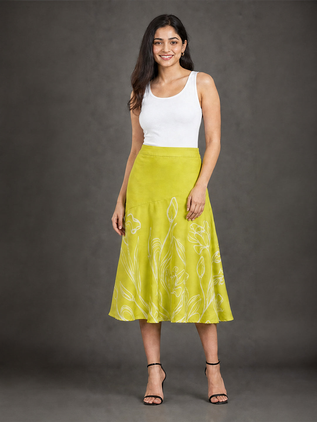 Lime Green Floral Line Art A-Line Midi Skirt