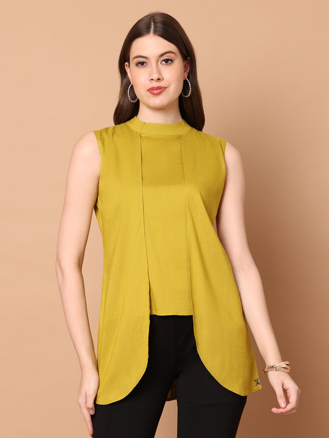 Exude Striking Silhouettes High Neck Layered Top Lime Tops