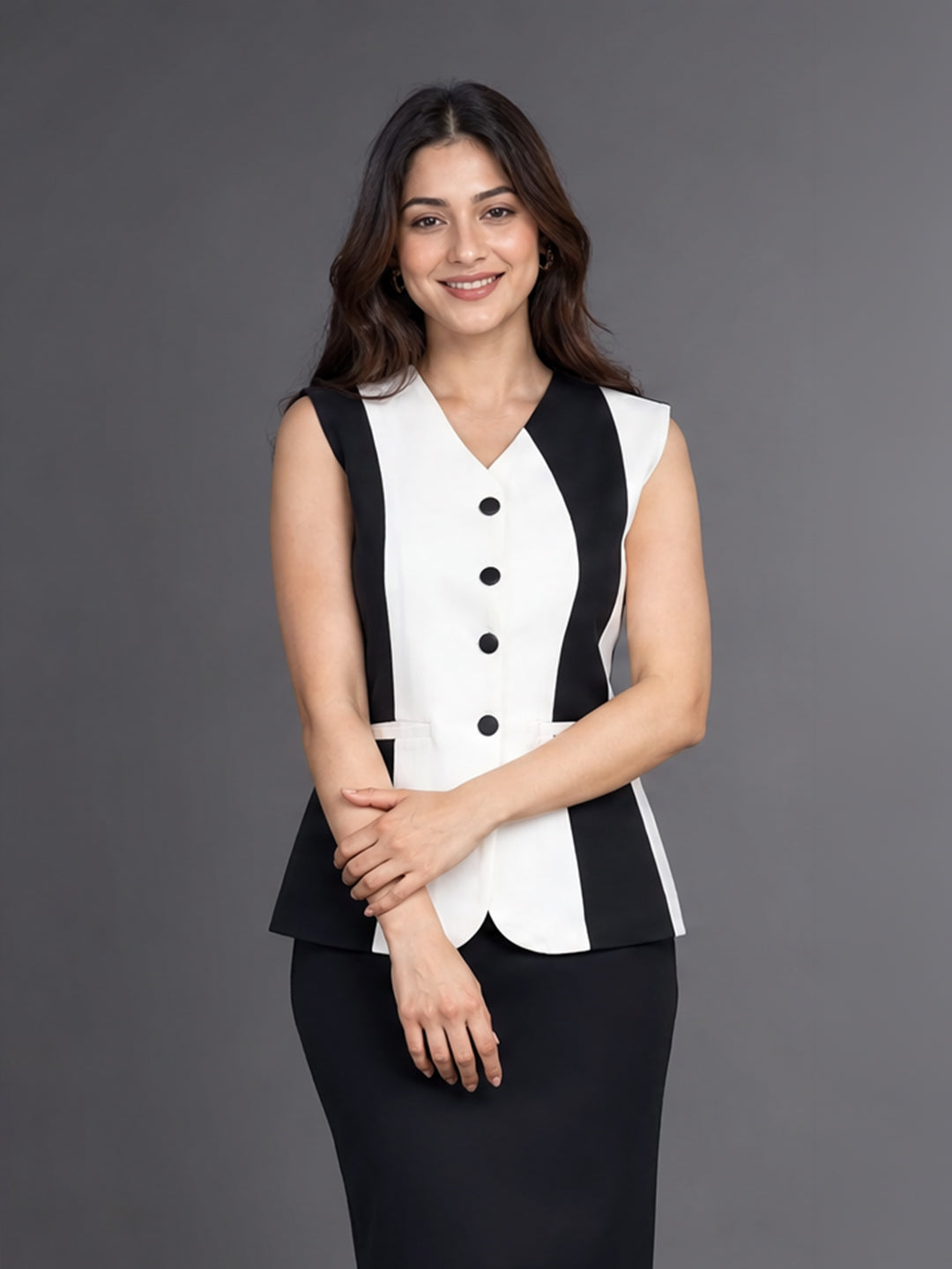 Black & White Colour blocked Button-Down Waistcoat Top