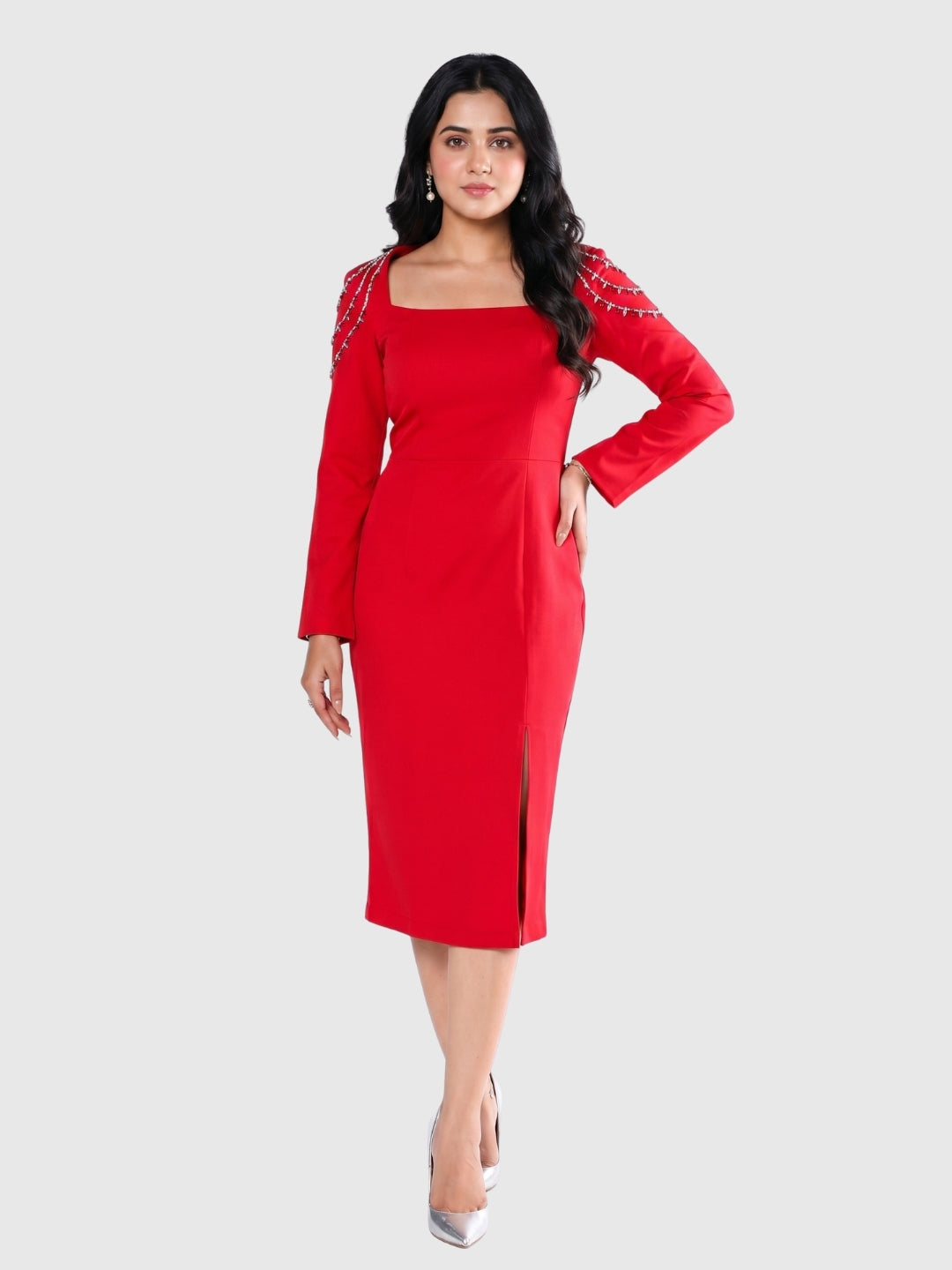 Exude Marina Red Embellished Midi Dress
