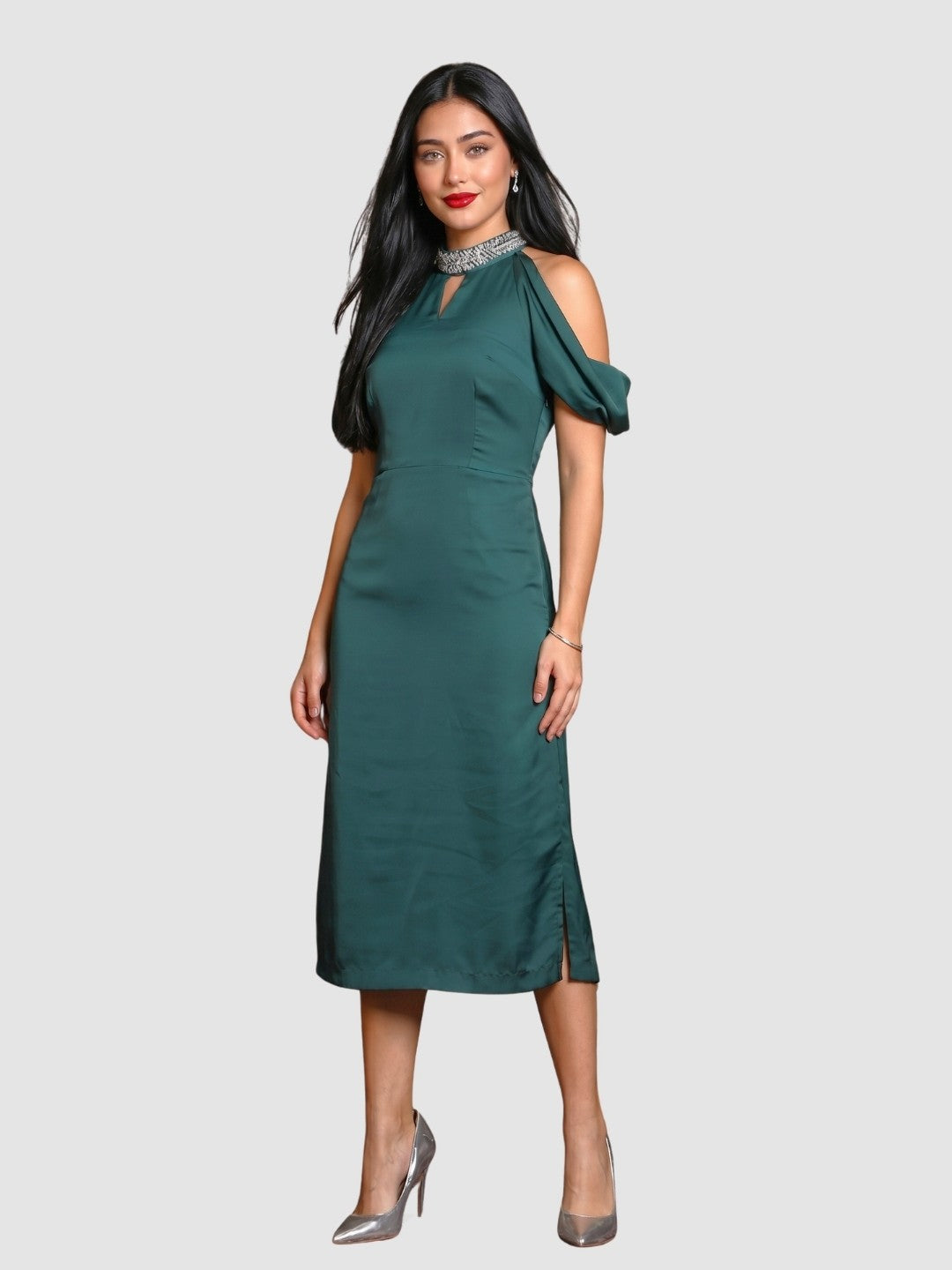 Exude Emerald Aura Cold Shoulder Satin Dress