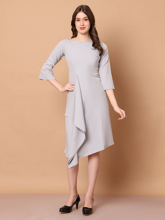 Exude Sunlit Drape Dress With Sleeves (Grey)