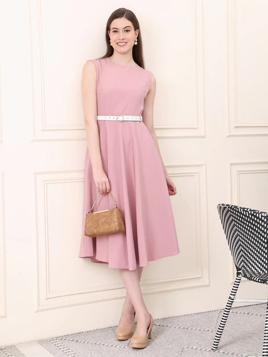 Exude Warmth Fit & Flare Dress with Belt (Blush Pink)