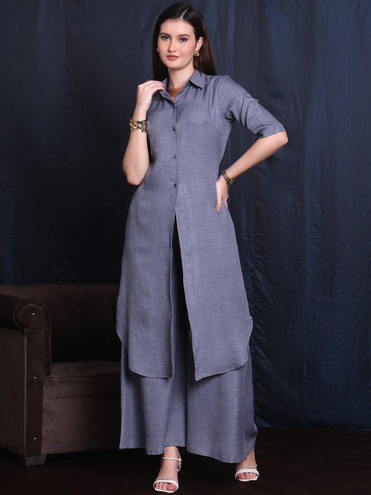 Exude Brave Heart Linen Wide Leg and Collar Top Set