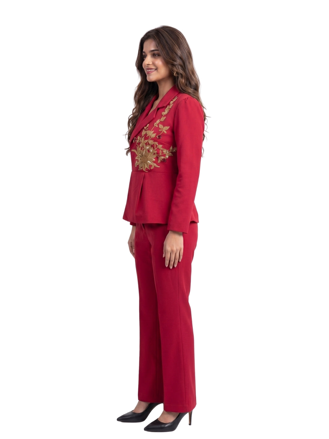 Exude Scarlet Bloom Embroidered Blazer Set