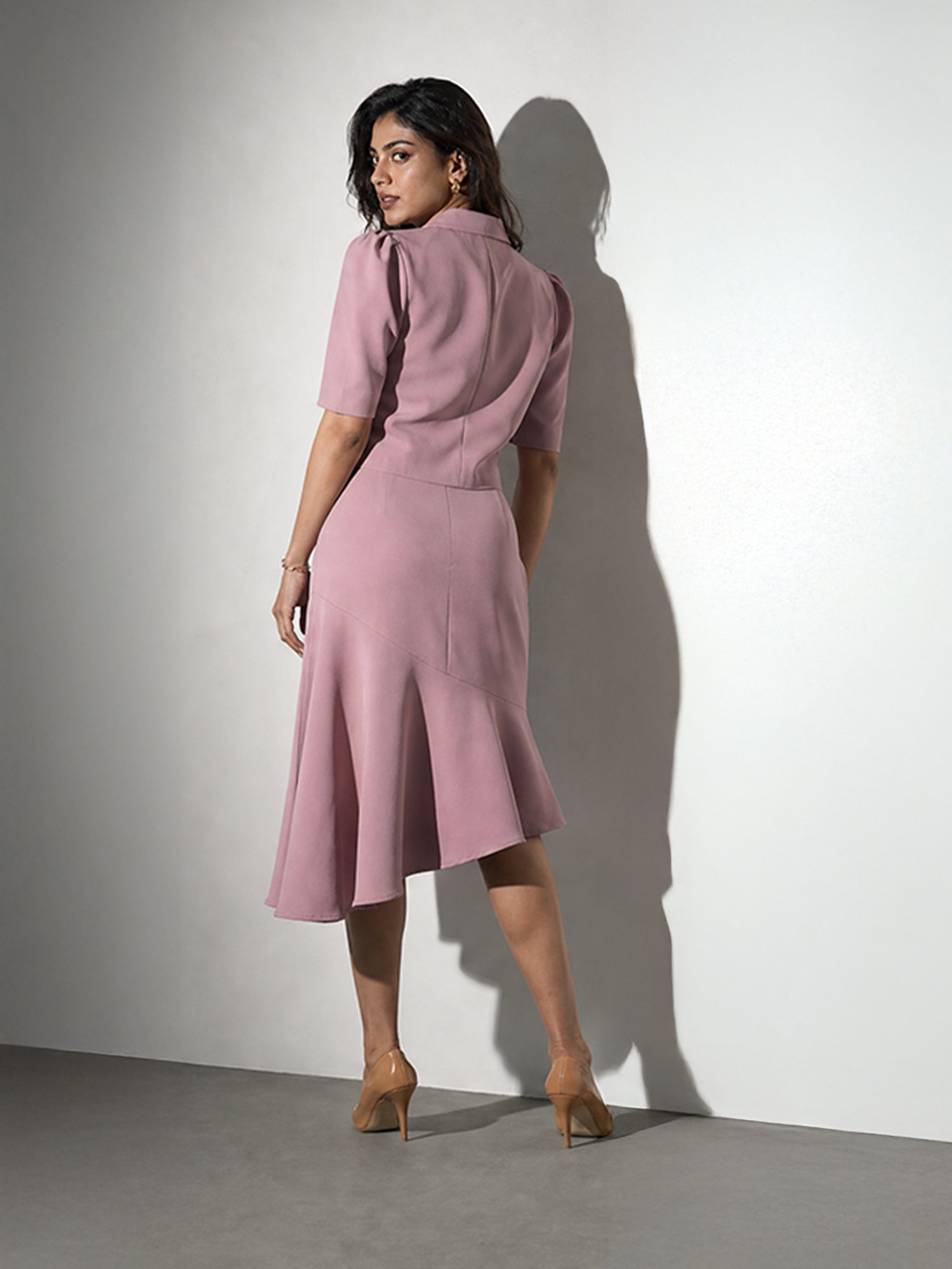 Exude Sunbeam Crop Blazer With Asymmetrical Skirt (Blush Pink)