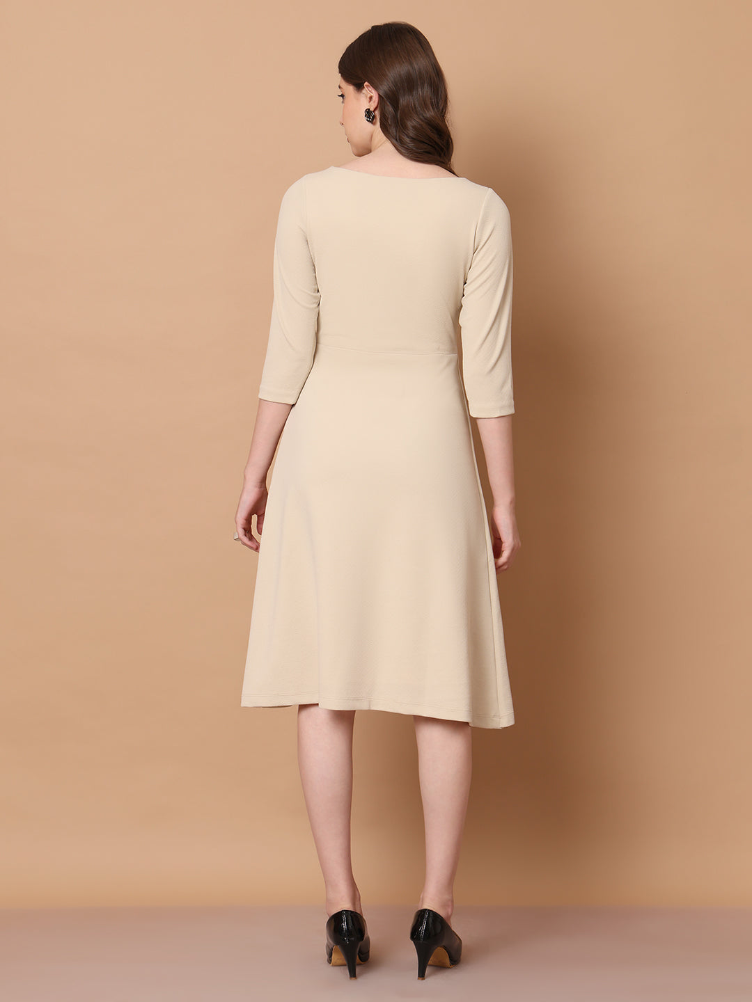 Exude Urban Elegance Wrap Dress with Sleeves Beige Dresses