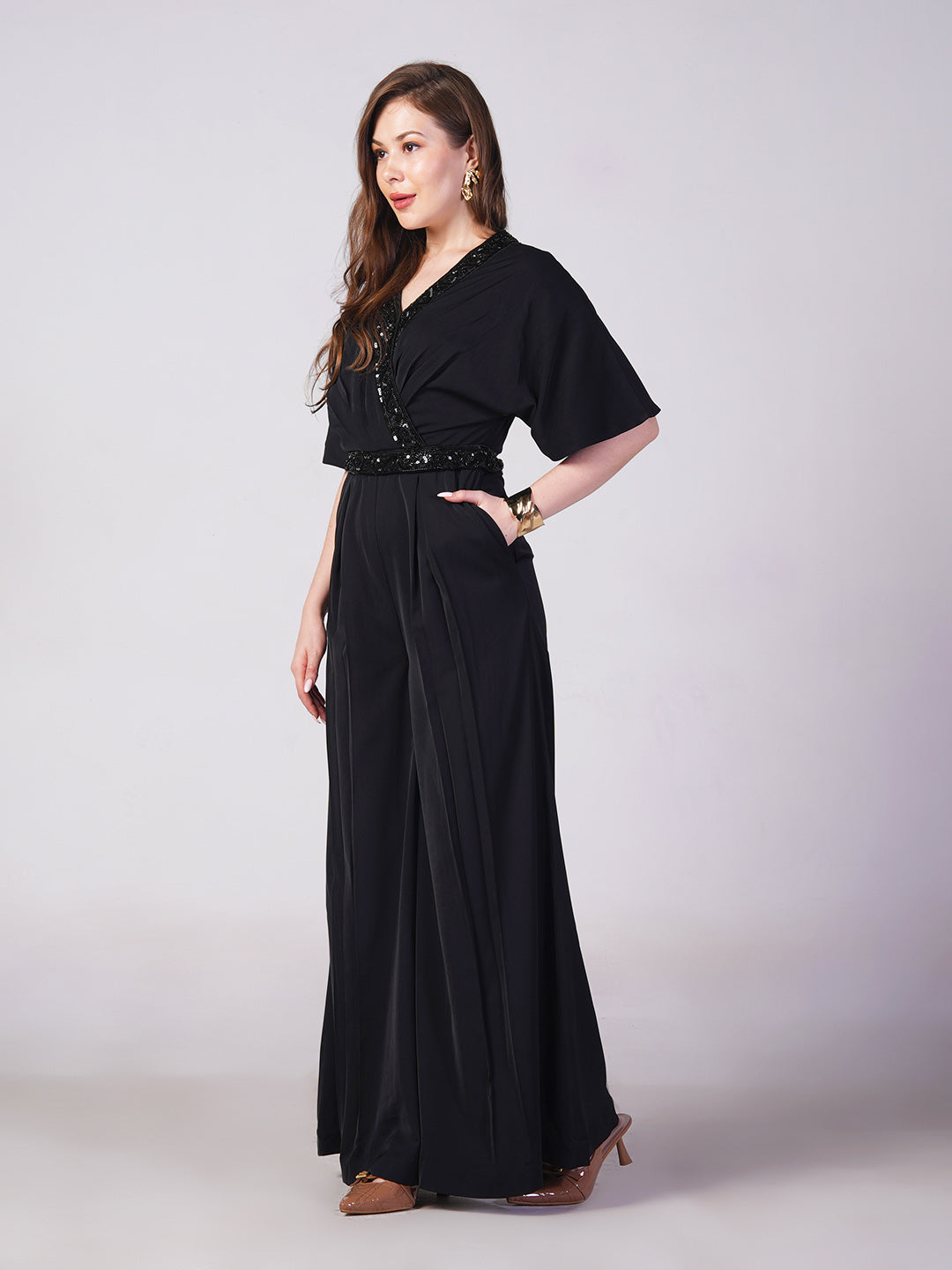 Midnight Black Embellished Wrap Jumpsuit
