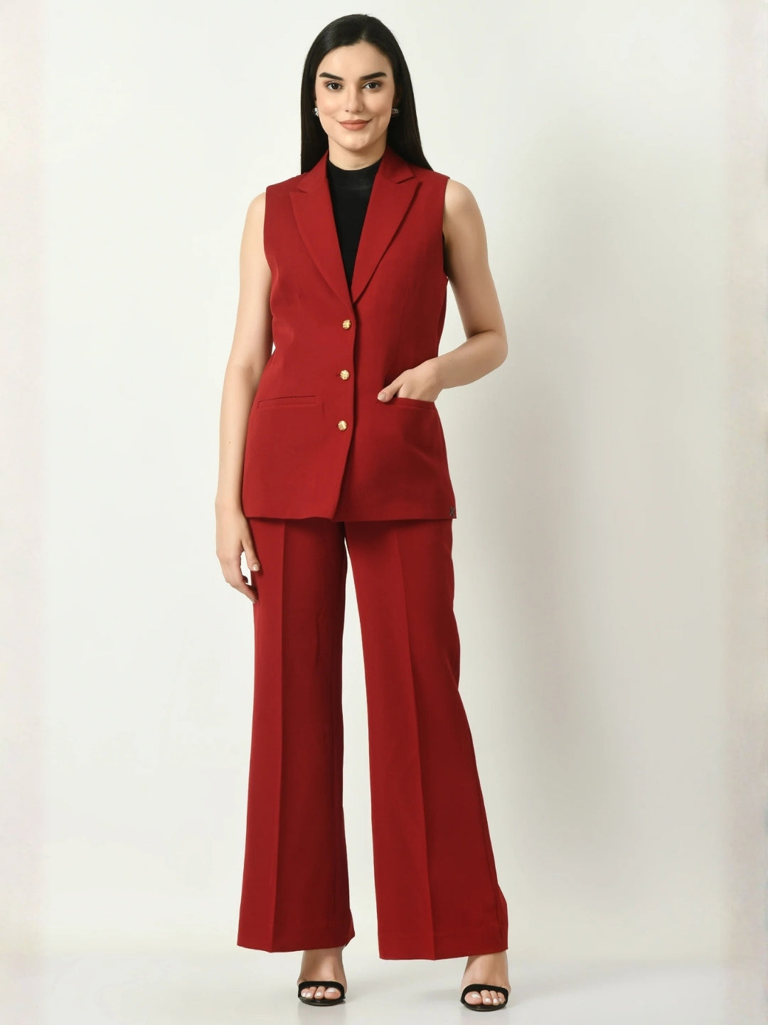 Exude Aspiration Sleeveless Blazer with Bootcut Trousers Red Co-ord Sets