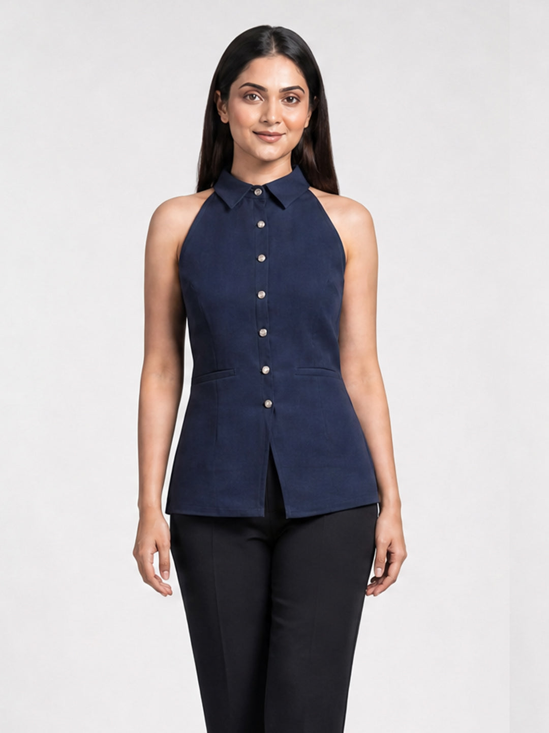 Navy Blue Halter Neck Button-Down Top