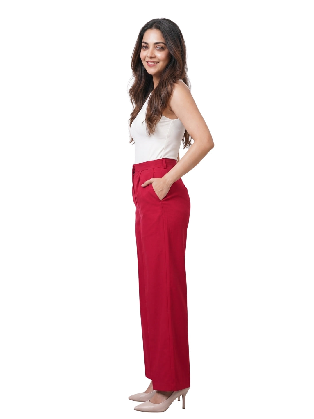 Red High-Waist Wide-Leg Trousers