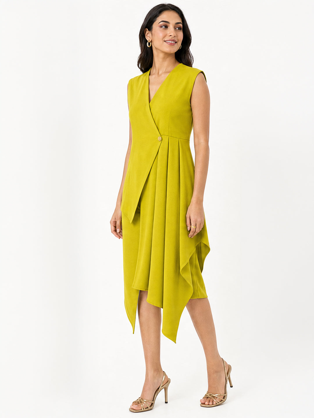 Exude Women Lime Green Draped Wrap Midi Dress