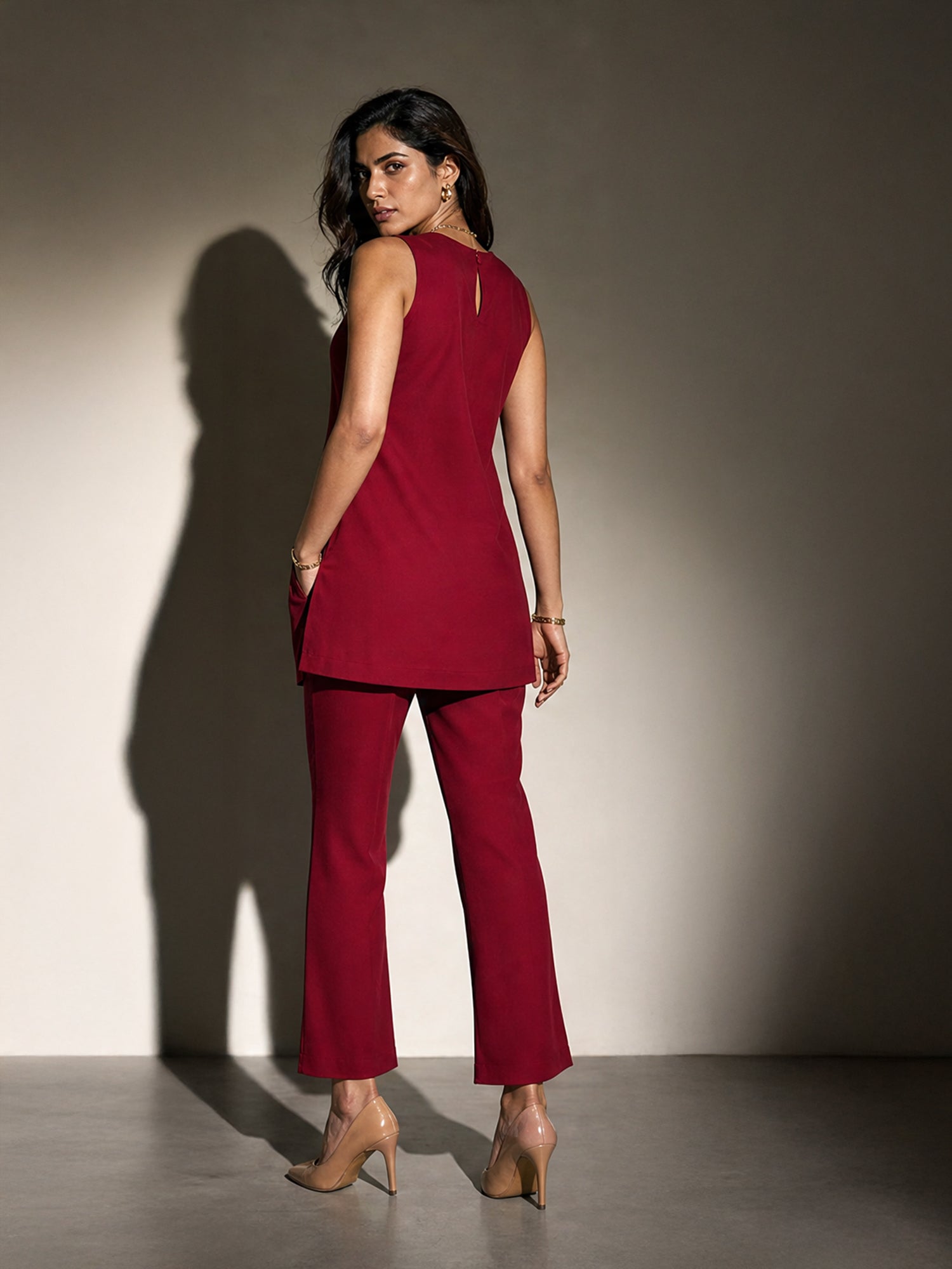 Exude Resplendent Thigh Length Tunic with Trouser (Red)