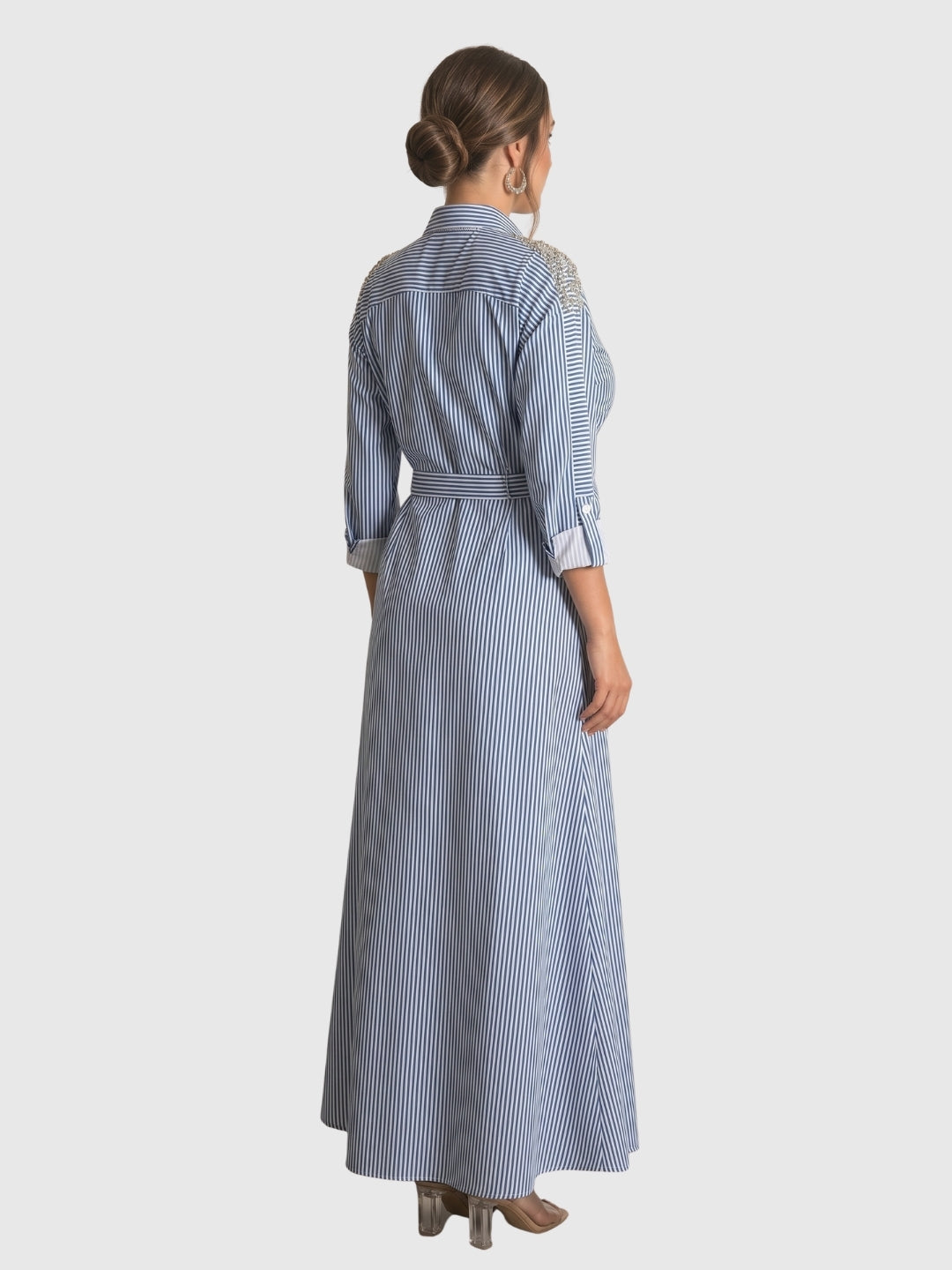 Exude Riviera Embellished Stripe Shirt Maxi Dress