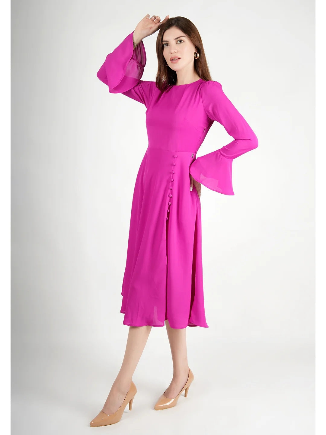 Exude Gleaming Fit & Flare Dress with Long Sleeves (Rosy Pink) Exude Gleaming Fit & Flare Dress with Long Sleeves (Rosy Pink)