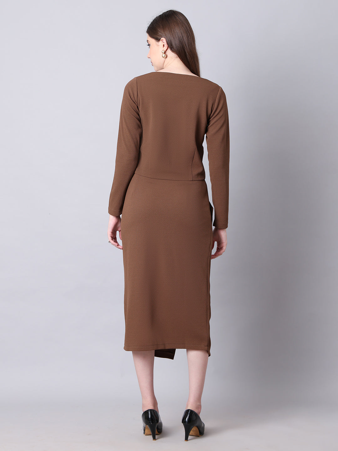 Exude Invincible Crop Blazer Top with Front Slit Midi Skirt Coffee