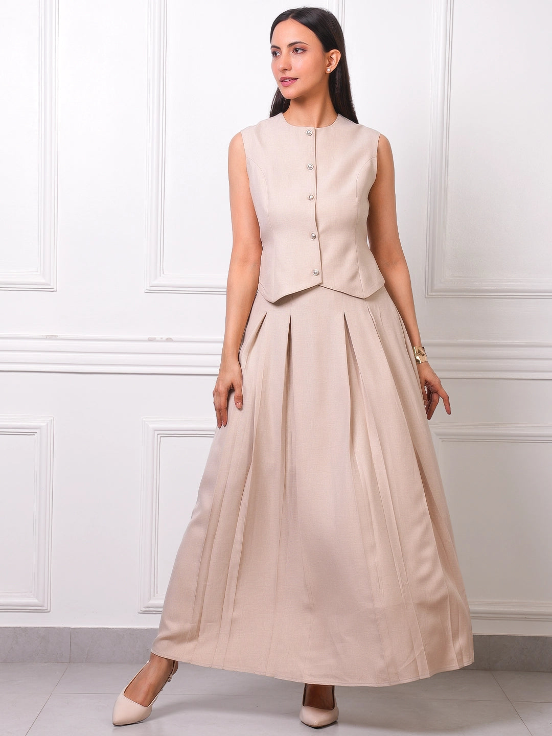 Beige Linen Pearl Button Vest & Pleated Maxi Skirt Co-ord Set