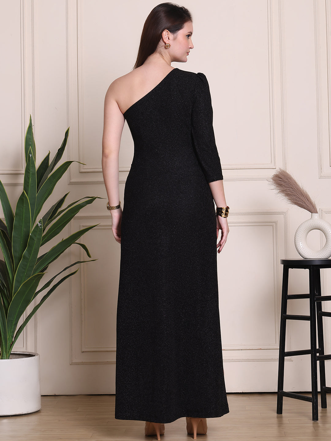 Exude Exquisite Glow Black-Shoulder Gown