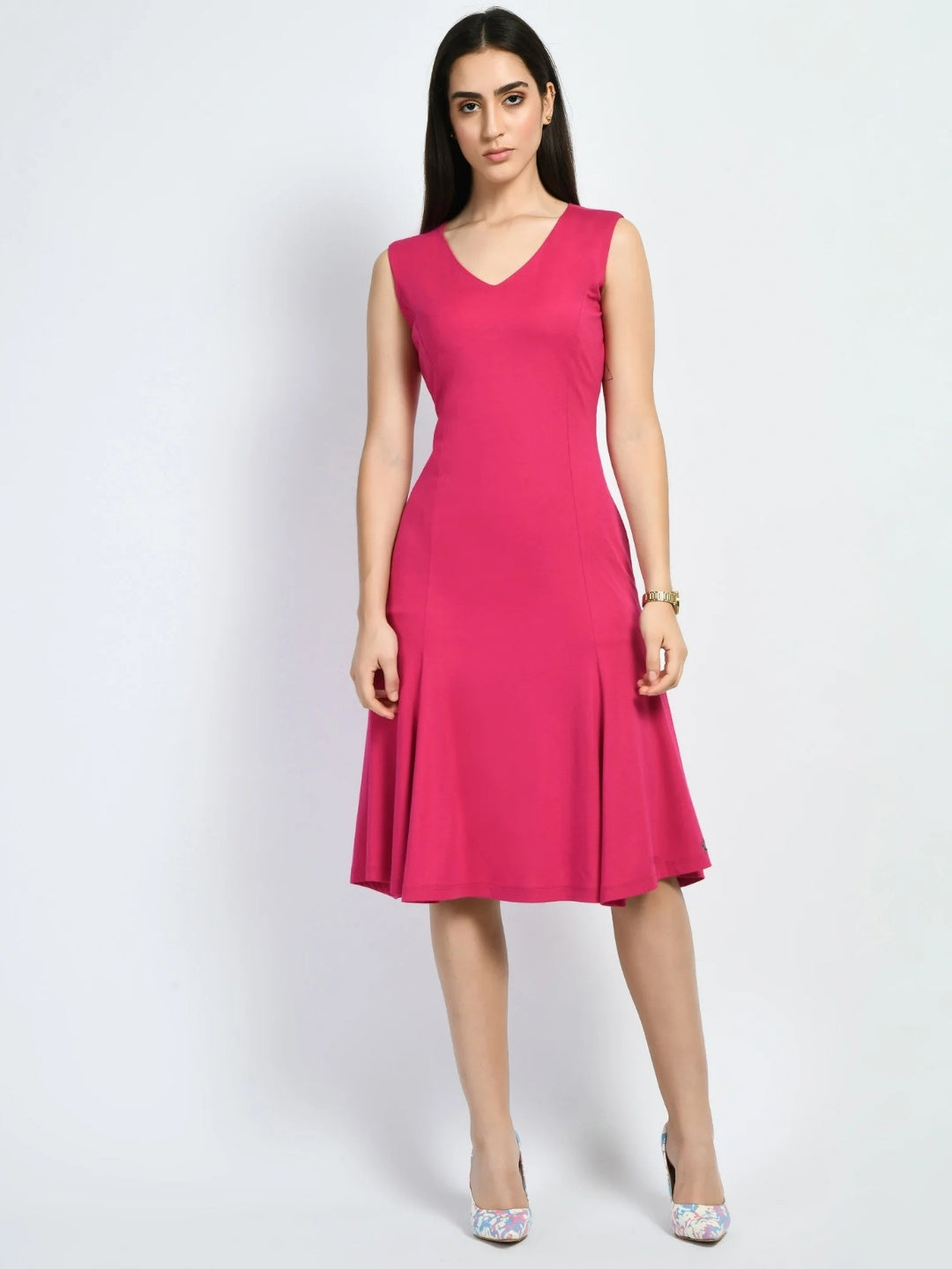 Exude Appeal Flared V-neck Dress Hot Pink Dresses