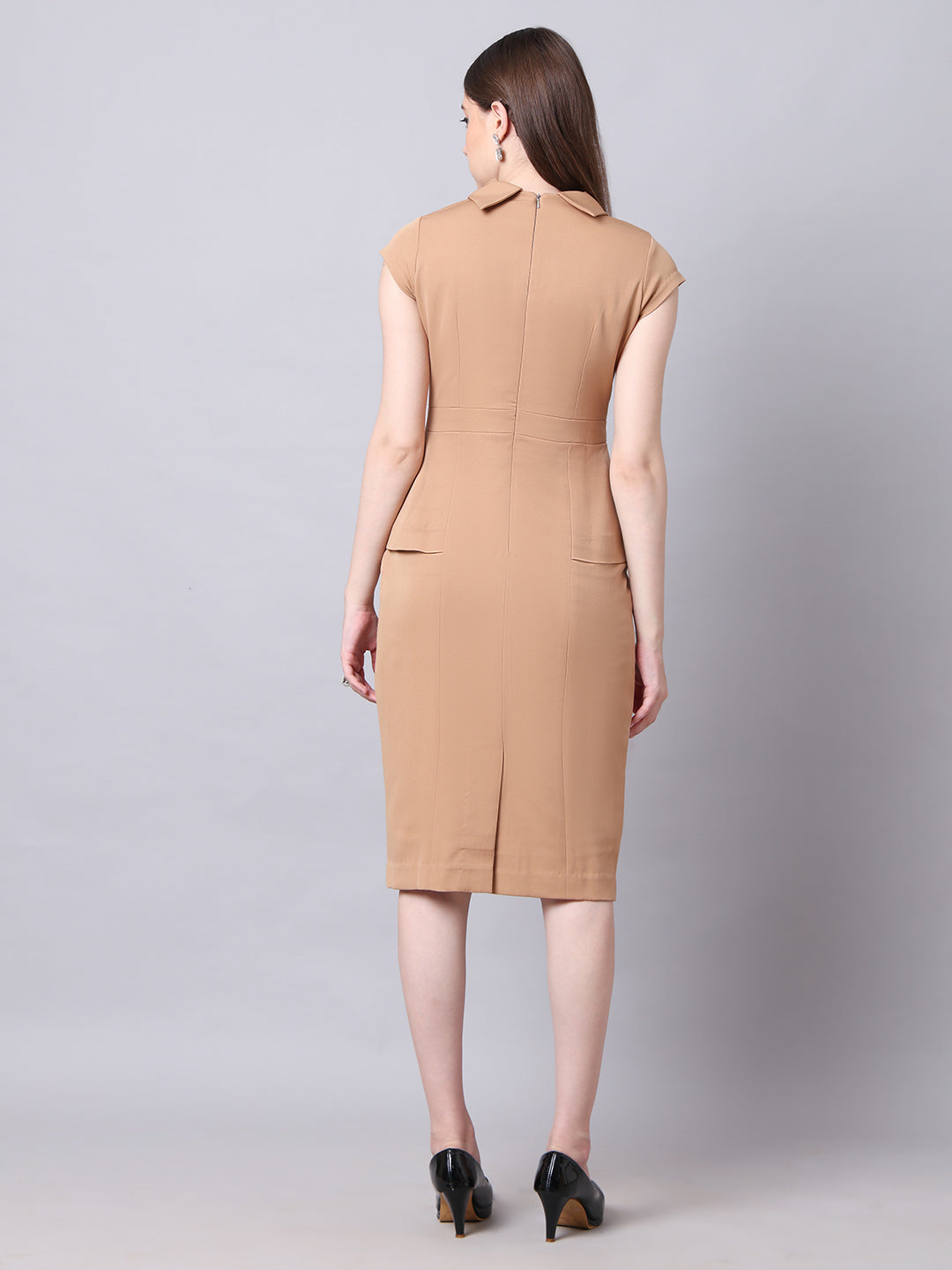 Exude Bold & Beautiful High neck Dress with Cap Sleeves Beige Dresses
