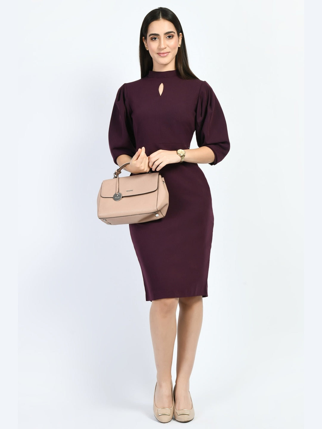 Exude Allure Puffed Sleeves Sheath Dress Wine Dresses