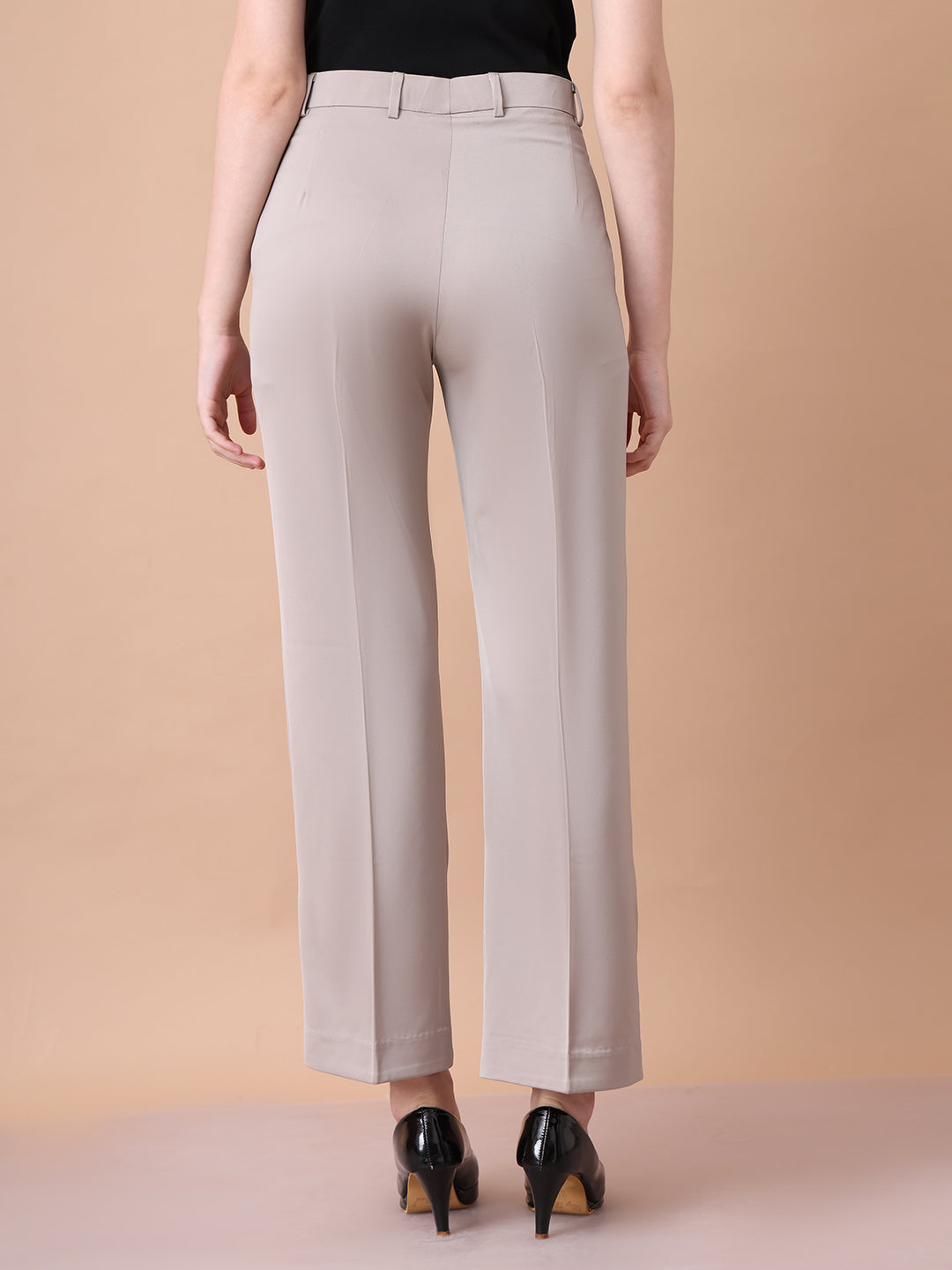 Exude Soulful Styles Straight Fit Matt Satin Trouser Light Beige Trouser
