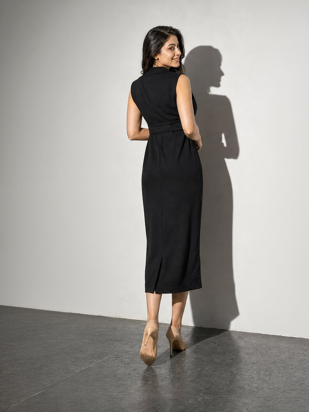 Noir Shawl-Collar Belted Wrap Dress