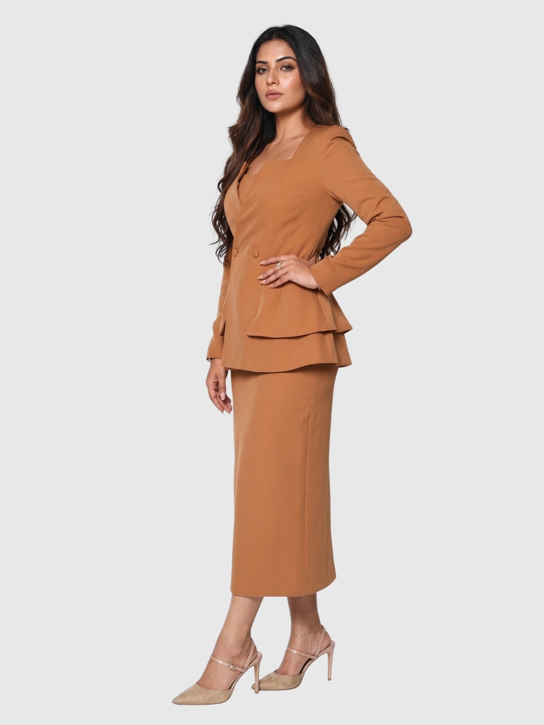 Exude Mocha Peplum Blazer Dress Set