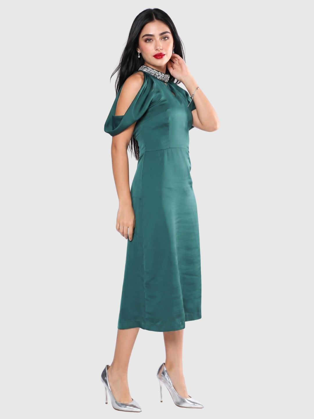 Exude Emerald Aura Cold Shoulder Satin Dress
