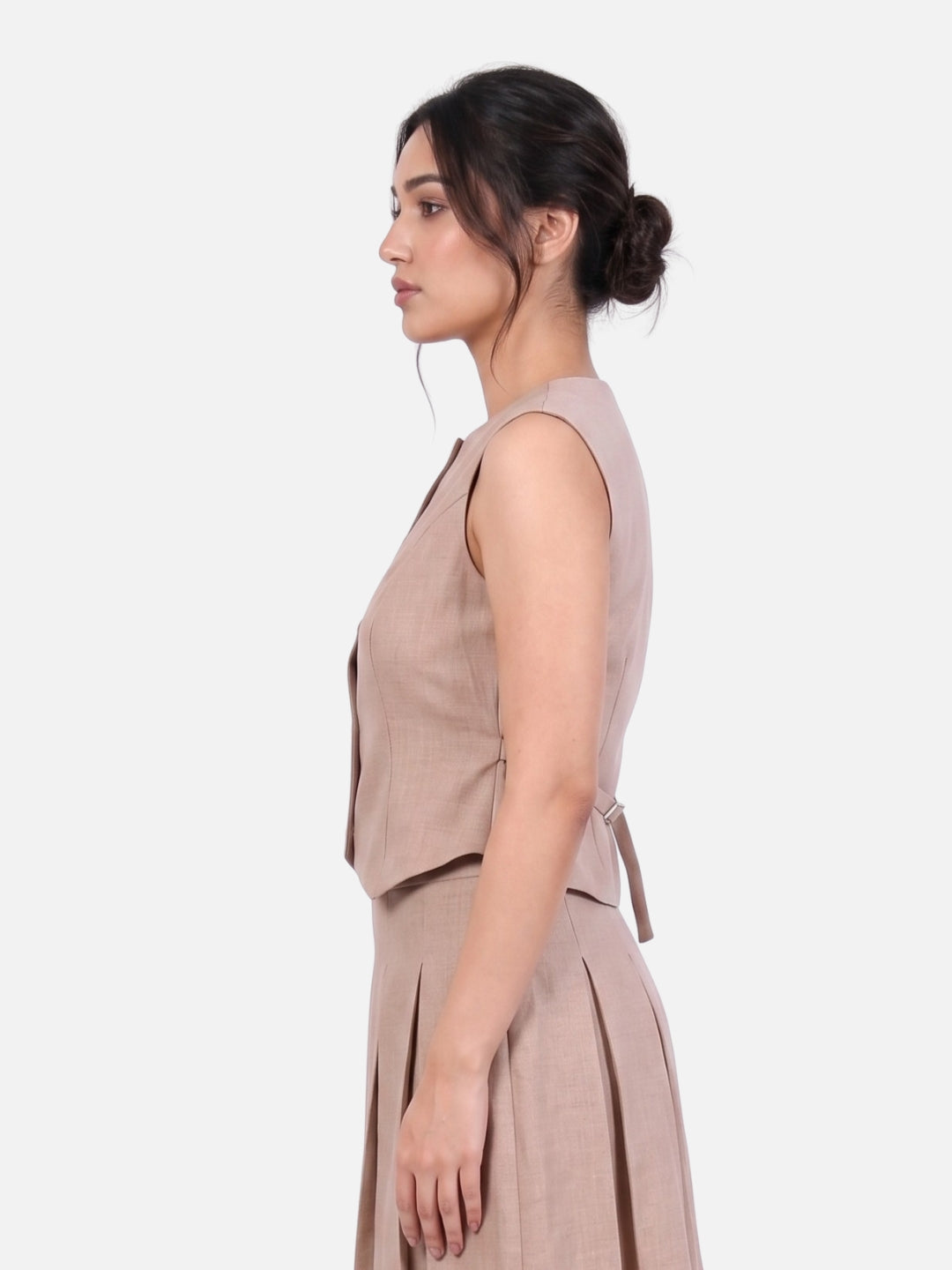 Beige Linen Pearl Button Waistcoat Vest