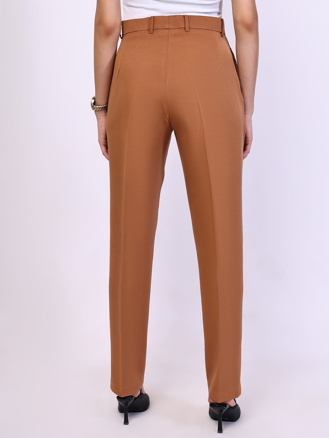 Exude Timeless Threads Straight Fit Trousers with Pockets Tan Brown