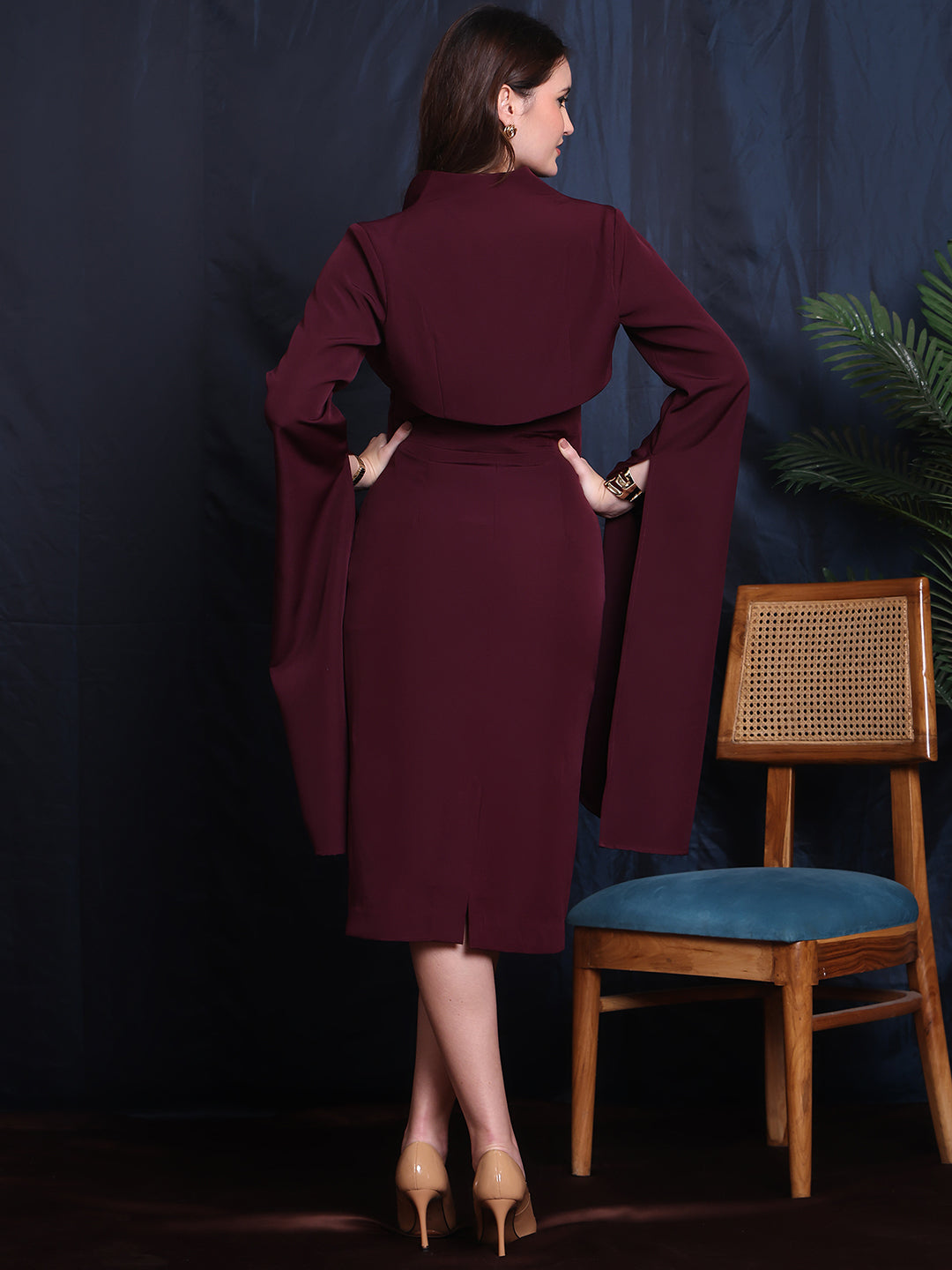 Exude Cosmic Couture 2 Piece Dress Set, Midi Dress With Shrug Blazer Wine