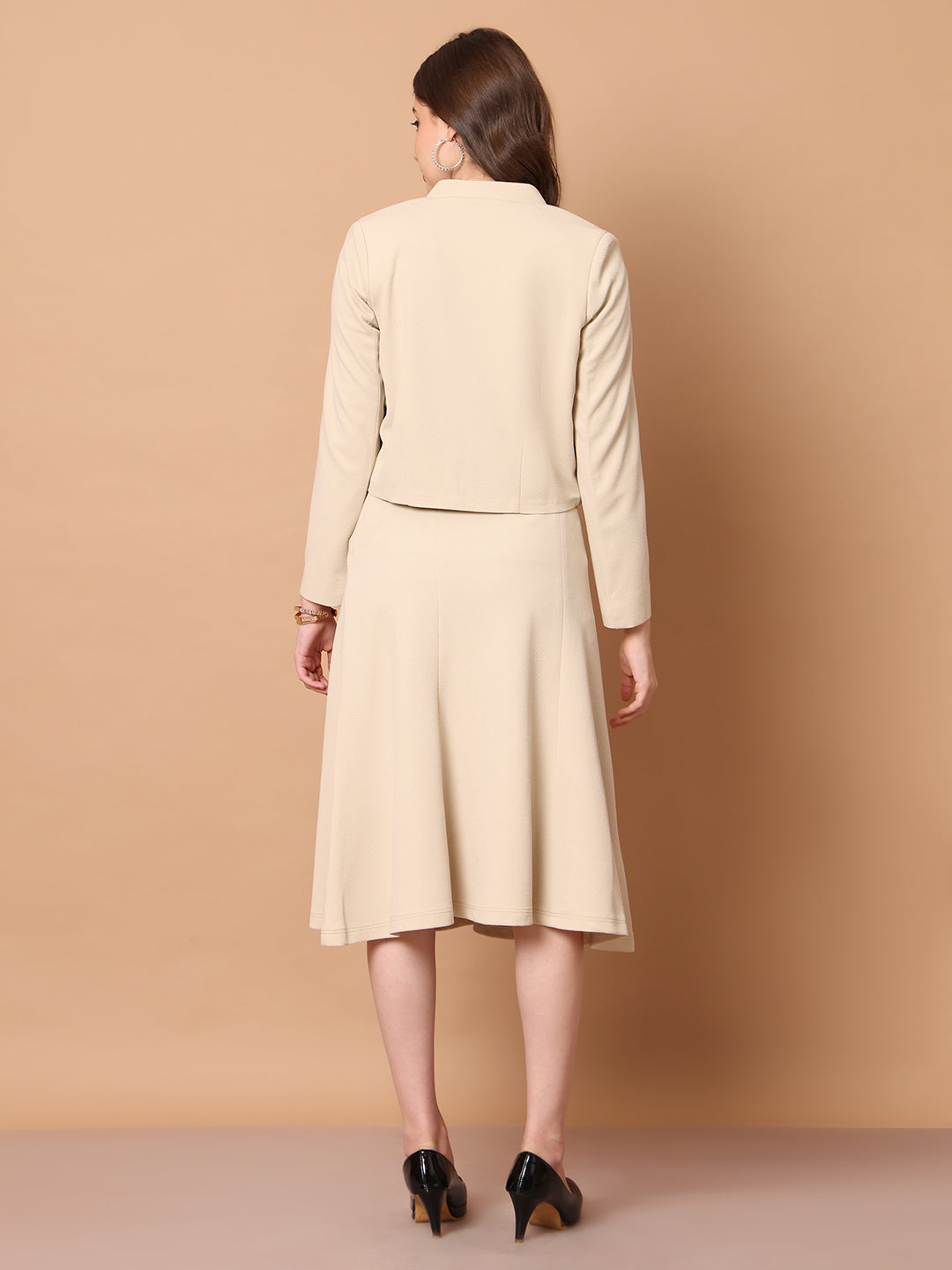 Exude Exuberant Mandarin Collar Blazer with Midi A-line Skirt Beige
