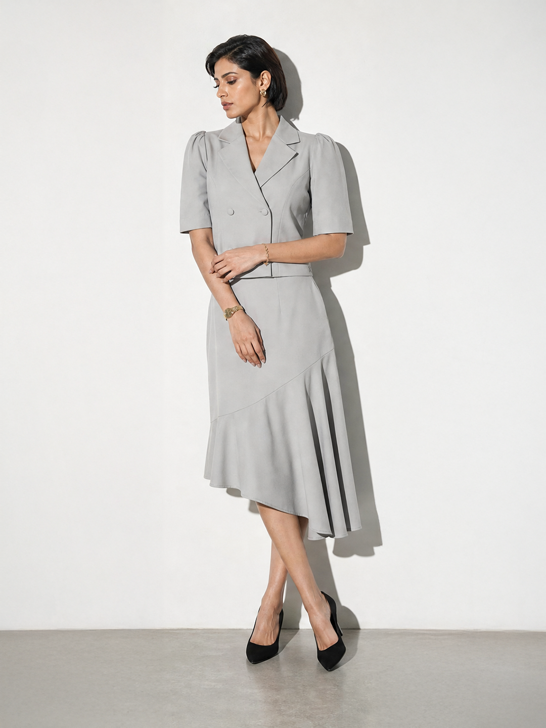 Exude Sunbeam Blazer Top with A-Symmetrical Skirt (Grey)