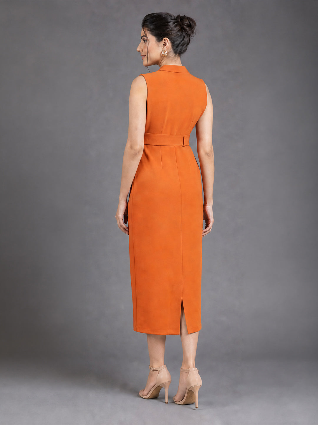Rust Orange Belted Midi Sheath Dress with Lapel Neckline