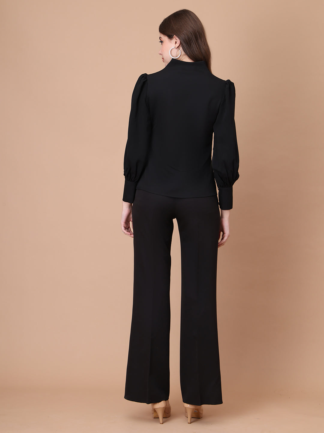Exude Whimsical Wonders Dramatic Puff Sleeve Top with Front Zip (Black)