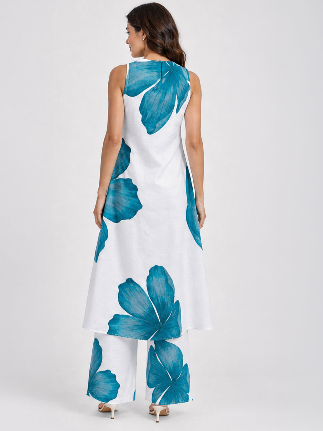 White Teal Floral Print Sleeveless Kurta Palazzo Set