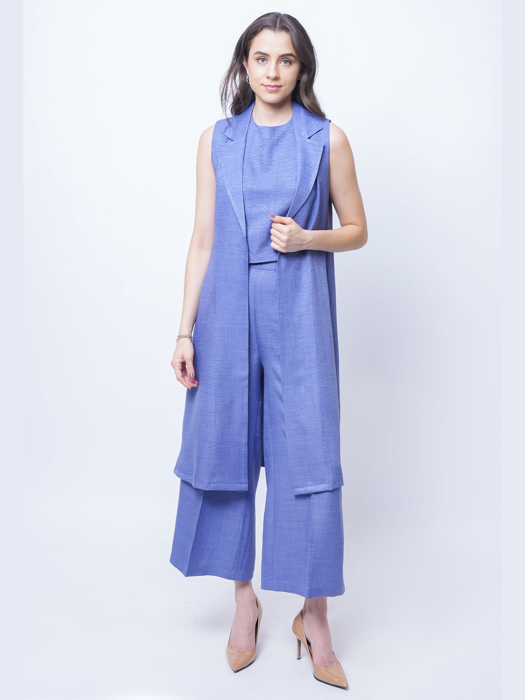 Exude Lustrous Long Jacket , Top with Wide Leg Trouser Twill Blue Co-ord Sets