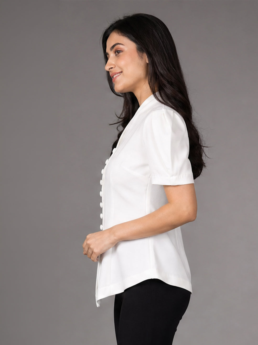 White Puff Sleeve V-Neck Button-Down Cinched waist Top