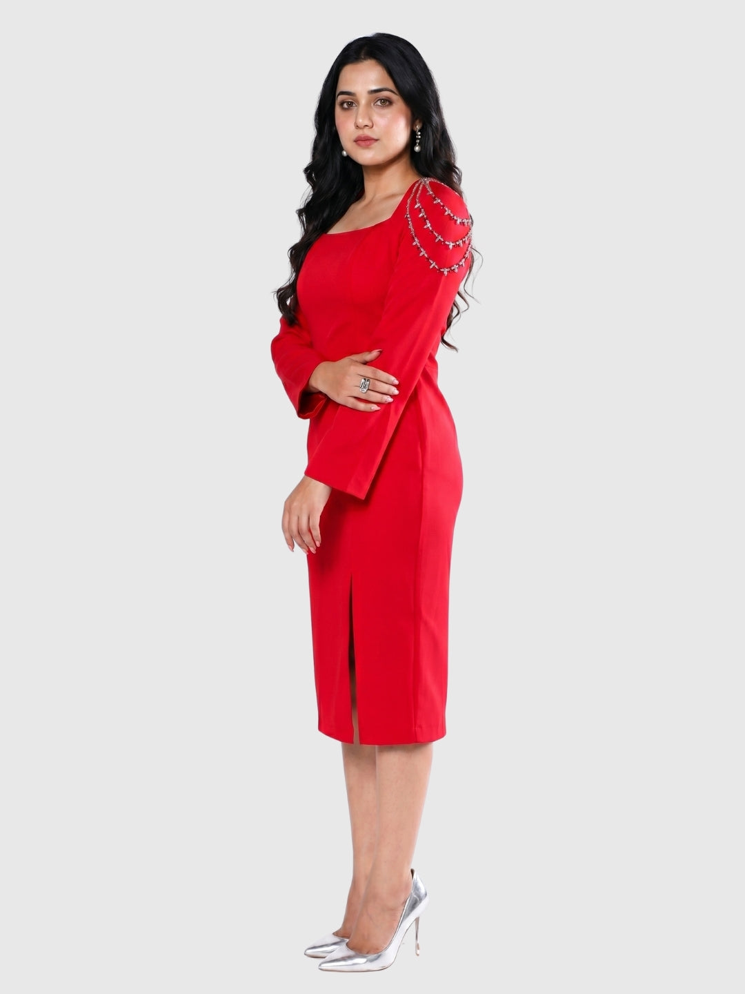 Exude Marina Red Embellished Midi Dress