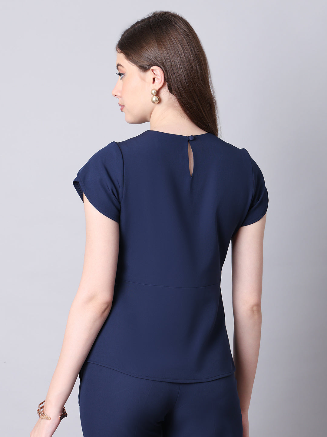 Exude Elysian Essence Asymmetrical Top with Cap Sleeves Navy Tops