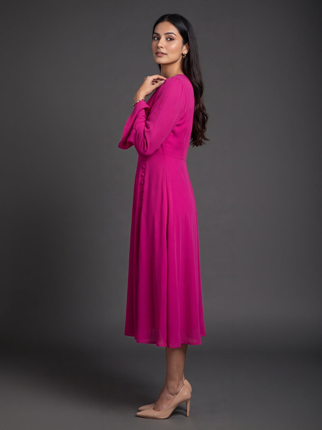 Exude Gleaming Fit & Flare Dress with Long Sleeves (Rosy Pink)